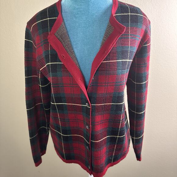 Talbots women S Cardigan Merino Wool Button Red Christmas Plaid made in Italy - Picture 5 of 16